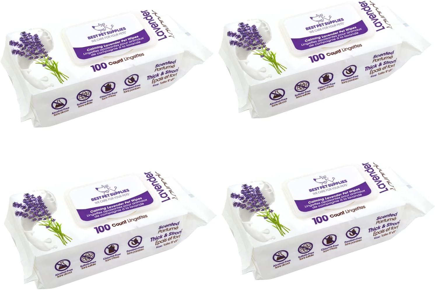 Best Pet Supplies 8" X 9" Pet Grooming Wipes - 100 Pack, Plant-Based Deodorizer, Calming Lavender Scent