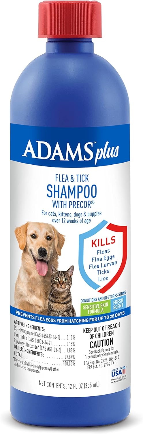 Adams Plus Flea & Tick Shampoo with Precor - Sensitive Skin Flea Treatment for Cats, Kittens, Dogs, and Puppies