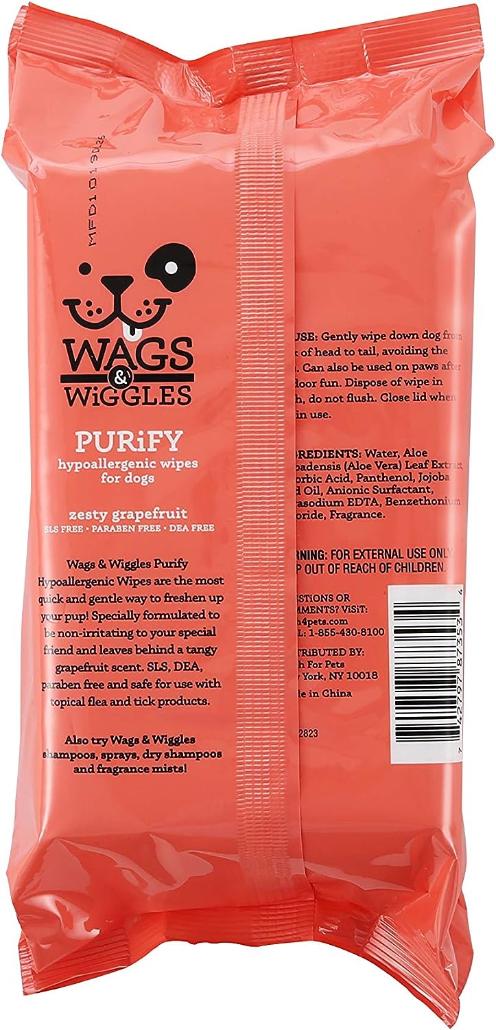 Wags & Wiggles Purify Hypoallergenic Dog Wipes - Zesty Grapefruit Scent - 100 Count