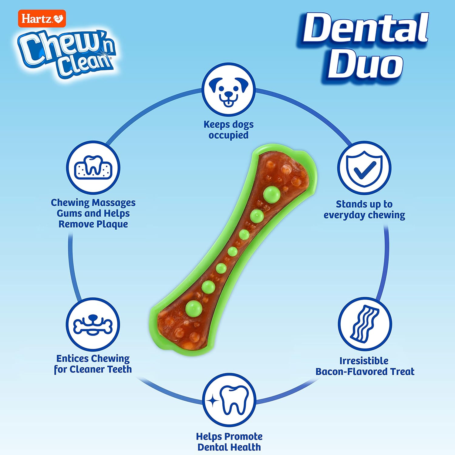 HARTZ Chew 'N Clean Dental Duo Bacon Flavored Dog Chew Toy - Medium Size, 1 Count