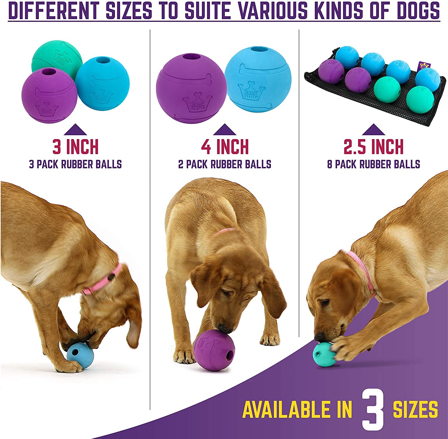Chew King Durable Rubber Fetch Balls - 3 Inch, Pack of 3